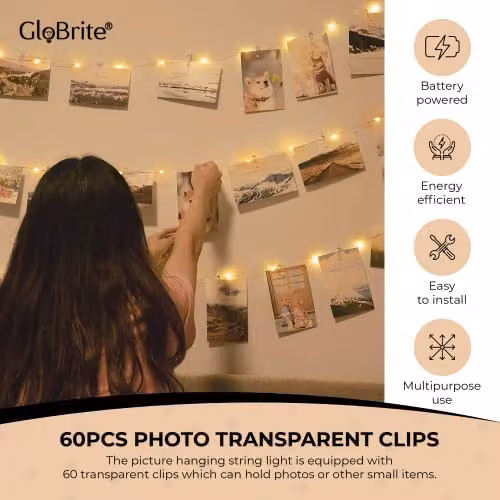 Globrite 100 LED Battery Operated Warm White Fairy Lights with Photo Pegs and String – 3