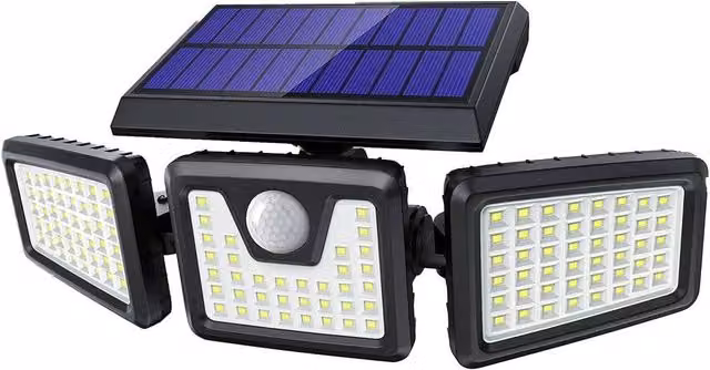 VOGREX 3-Head Solar LED Floodlight with PIR Motion and Dusk Sensor, Black – 1
