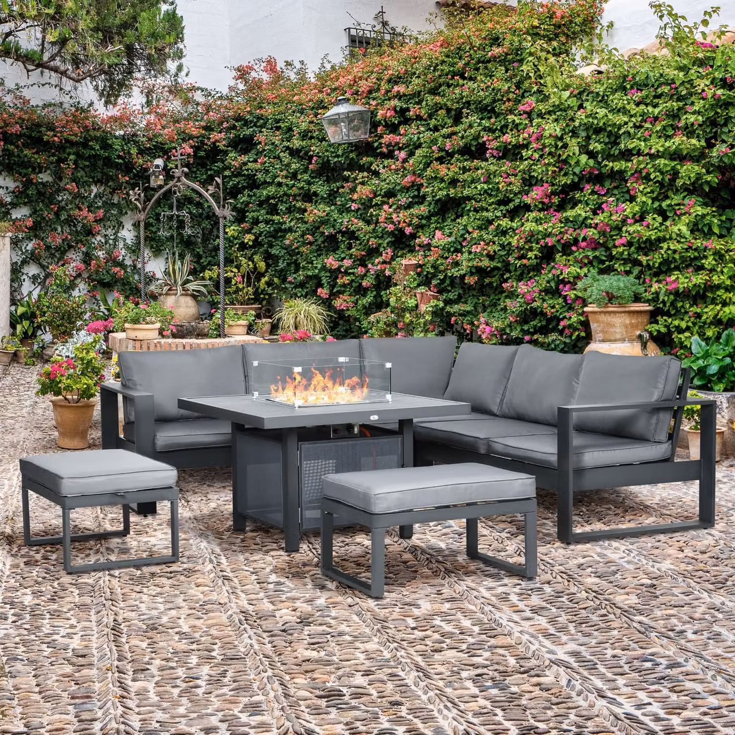 Outsunny 6-Piece Grey Powder Coated Aluminium Garden Furniture Set with L-Shape Corner Sofa, 2-Seater Sofa, Ottoman and Fire Pit Coffee Table – 2