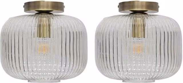 First Choice Lighting Batley Set of 2 Large Ribbed Glass Ceiling Lights in Antique Brass and Clear