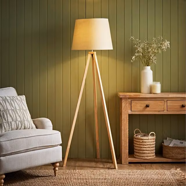 ValueLights Modern Tripod Floor Lamp with Beige Fabric Shade in Brown and Light Wood