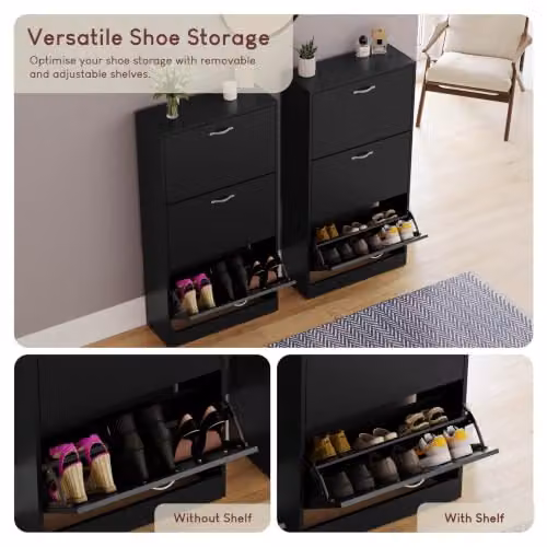 Vida Designs Modern Black Wooden Shoe Cabinet with 3 Tilting Compartments, H 118 x W 60 x D 24 cm – 4