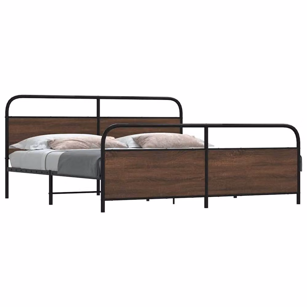 Berkfield Home Metal and Wood Bed Frame in Brown Oak, 200 x 200 cm – 2