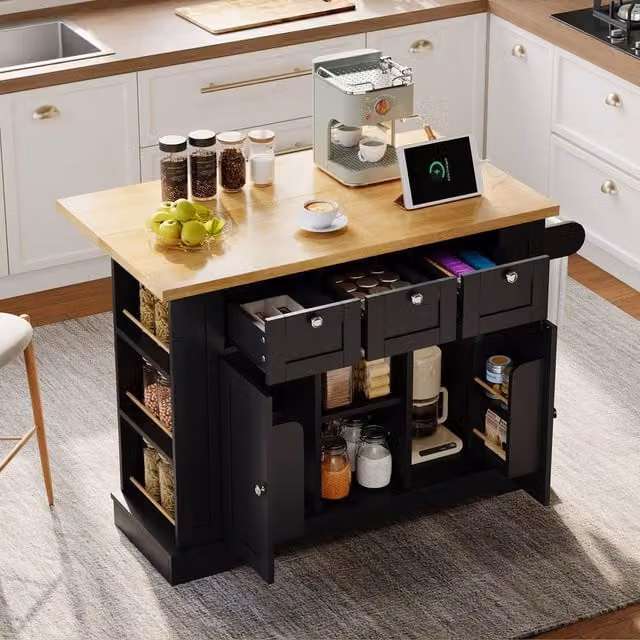 BTM Black Rustic Kitchen Island on Wheels with Dropleaf, Spice Rack and Charging Station – 1