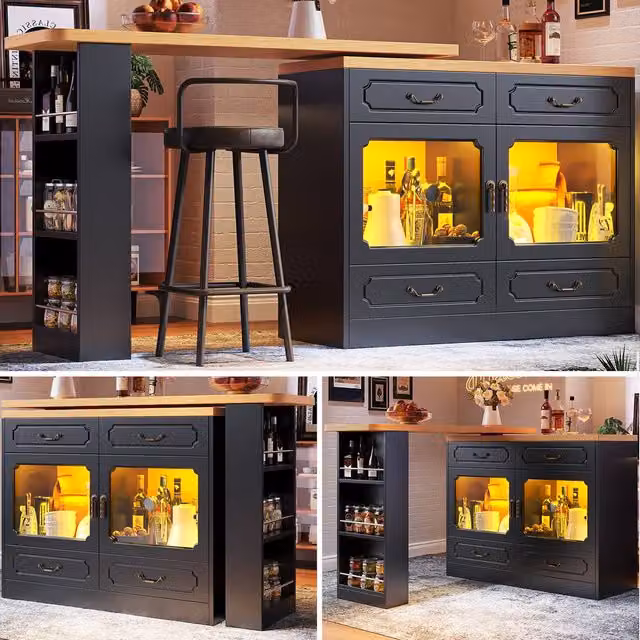 Rolipo Extendable Black Rotating Bar Table Kitchen Island with Storage