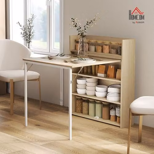 HOMCOM Folding Dining Table with 4-Tier Shelves in Oak Wood Effect and White – 2