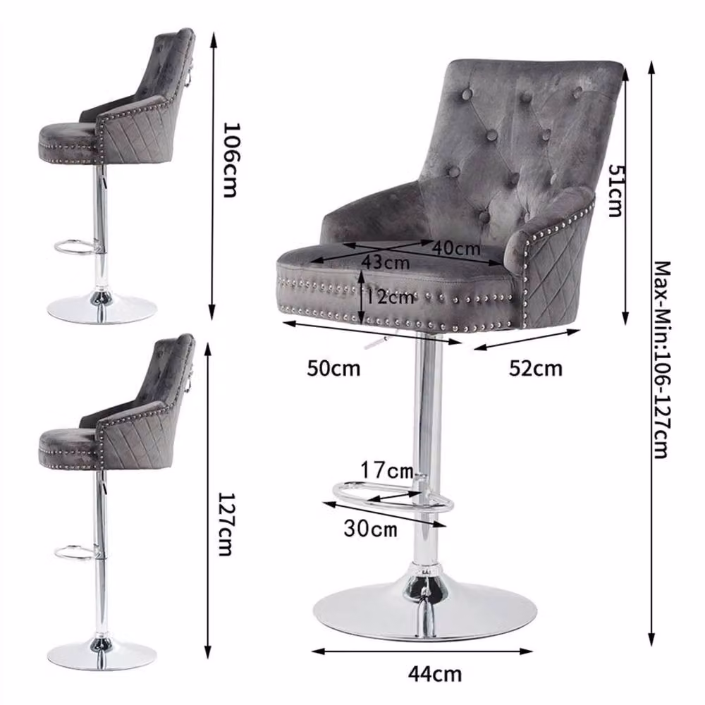 EONLION Grey Velvet Adjustable Bar Stool with Armrests, Height: 100 cm – 2