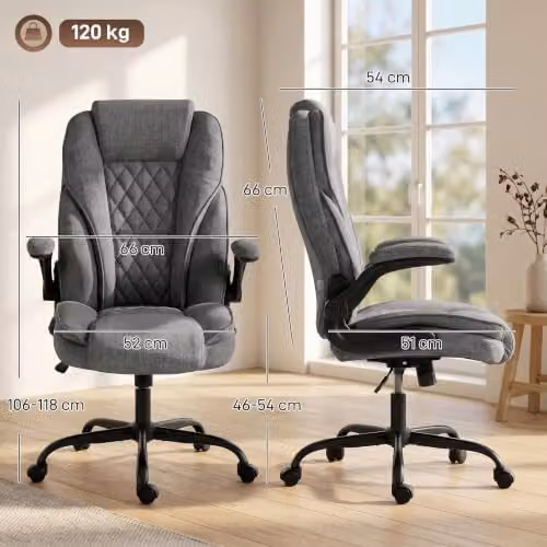 HOMCOM Grey Fabric Executive Office Chair with Flip-up Armrests and Swivel Function – 3
