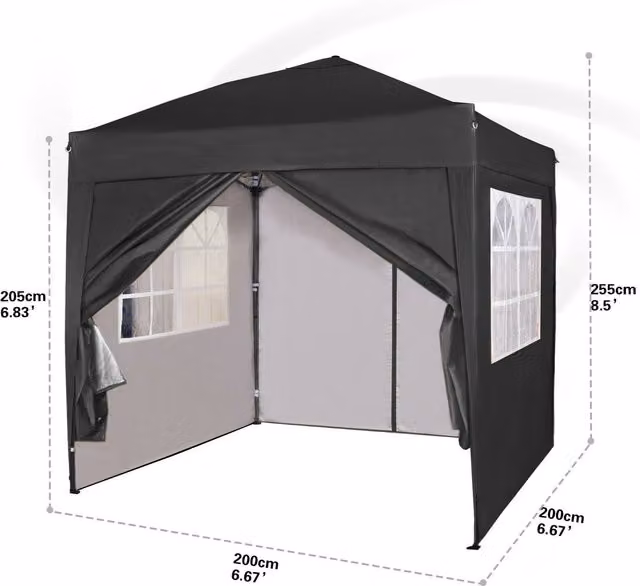 MCC Direct Black Pop Up Gazebo with Sides, W/D/H: 200 x 200 x 255 cm
