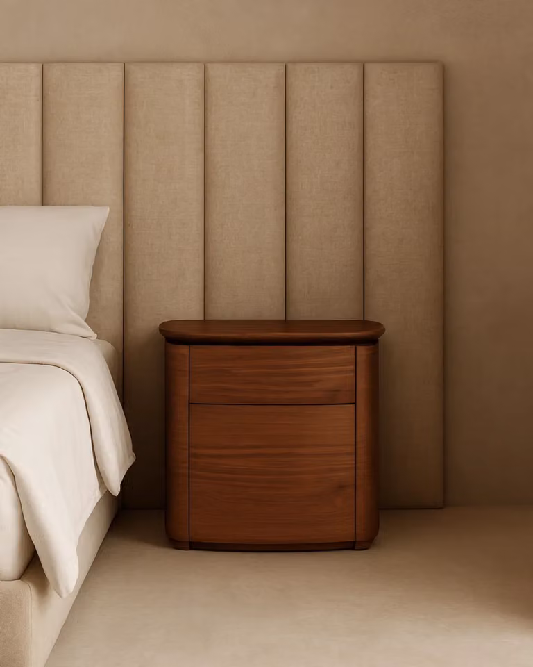 Tommy Franks Blade Bedside Table in Brown Walnut with Soft Close Drawers, W/D/H: 39.5 x 50.5 x 39.5 cm