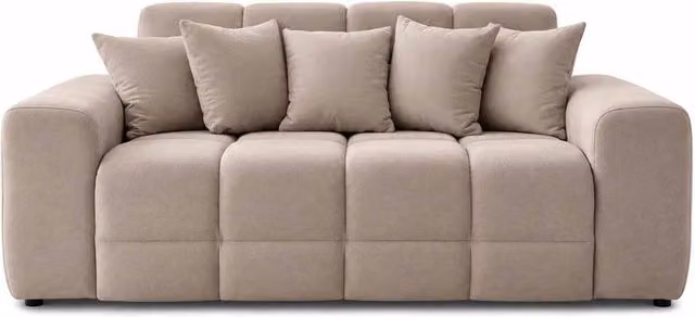 Furnishings For Less UK Jenson 3 Seater Beige Plush Velvet Sofa with Scatter Cushions, W: 215 cm, D: 90 cm, H: 105 cm