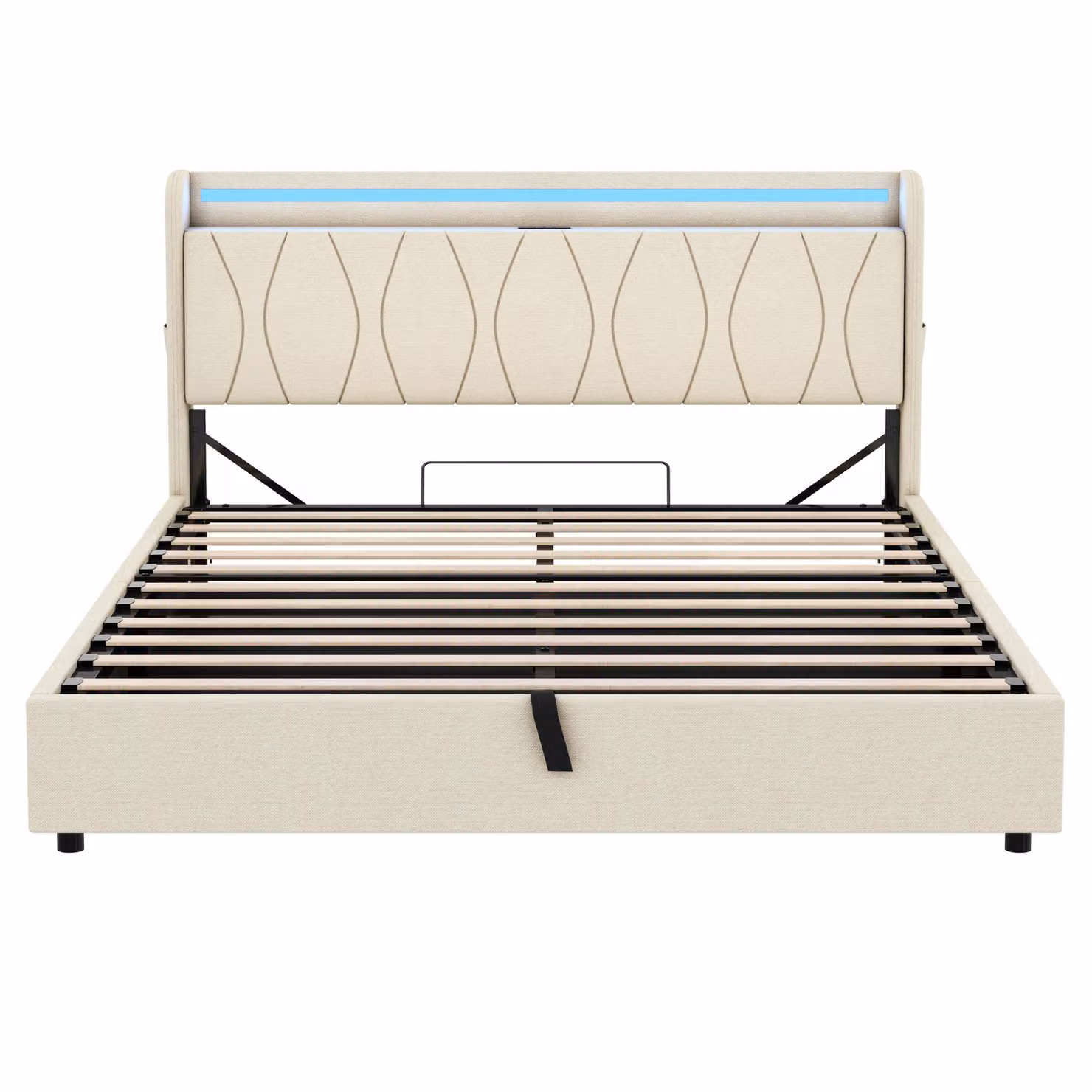 Aosom UK 5ft King Upholstered Bed Frame with Hydraulic Storage, RGB LED Lighting and USB Charging Station, Beige, W: 155 cm, D: 220 cm, H: 105 cm – 2