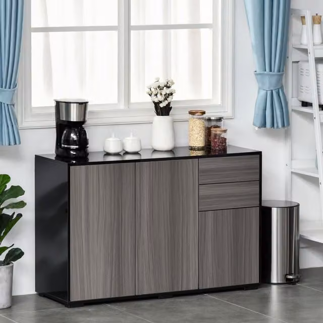HOMCOM Modern Glossy Side Cabinet with 2 Drawers and 2 Doors in Grey and Black – 2