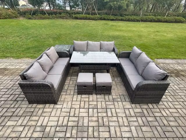 Fimous 11 Seater Grey Rattan Garden Furniture Set with Oblong Rectangular Dining Table, 2 Small Footstools and Side Table