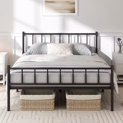 CozyLiving Finn Metal Bed Frame in Black with Slatted Base, W/D/H: 152 x 202 x 95 cm