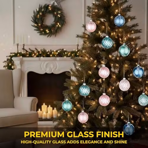 Shatchi 12-Piece Set of Glass Christmas Baubles in Green, Pink and Blue, 8 cm Diameter – 4