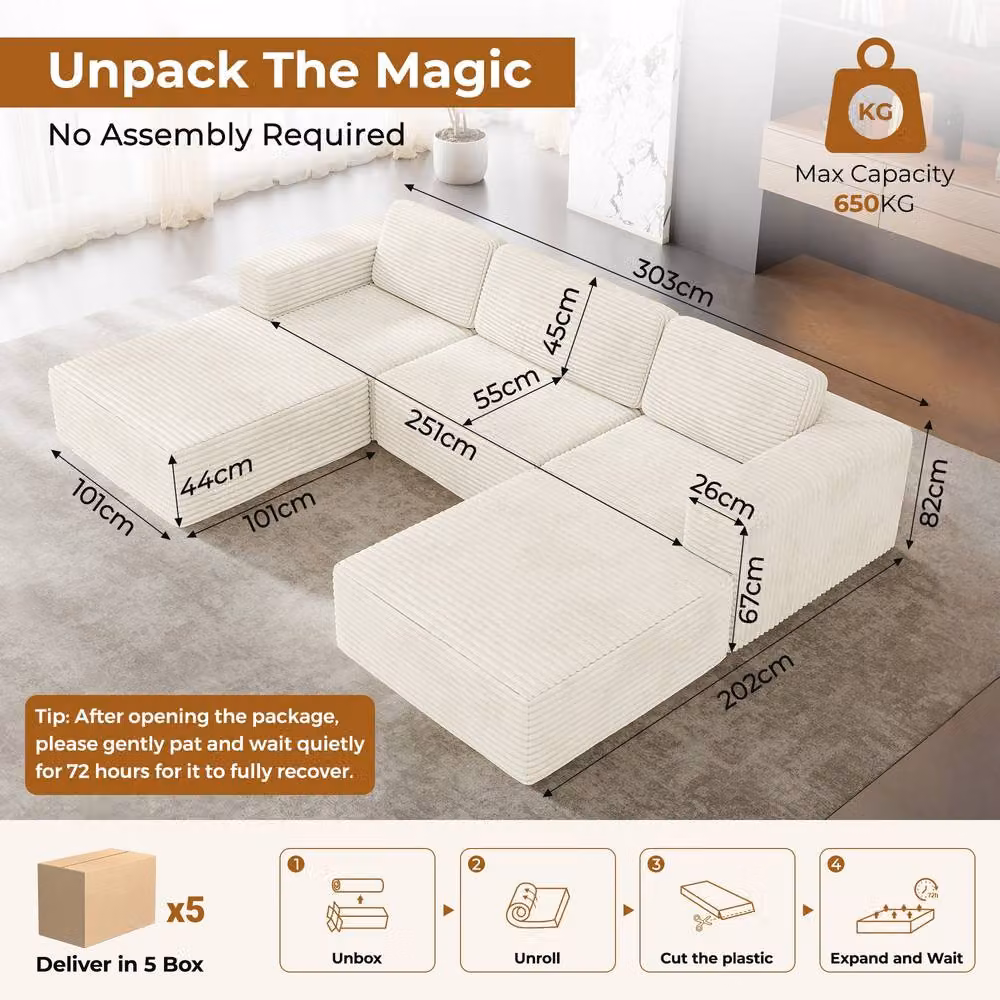 Dprodo Corduroy Modular U-Shape Sofa in Beige with Matching Ottoman and Removable Covers – 2