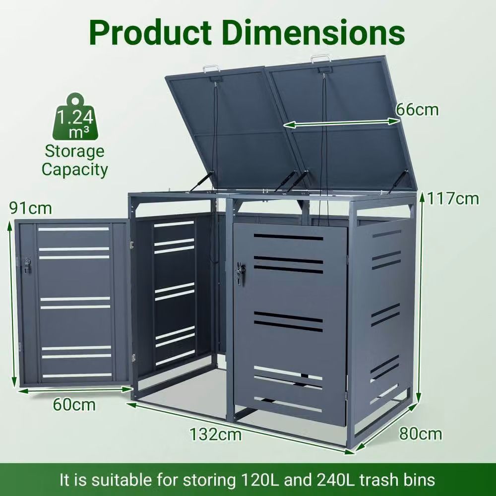 Costway Lockable Double Outdoor Garbage Bin Storage Shed in Grey, Galvanised Steel Bin Store, W/D/H: 132.0 x 80.0 x 117.0 cm – 2