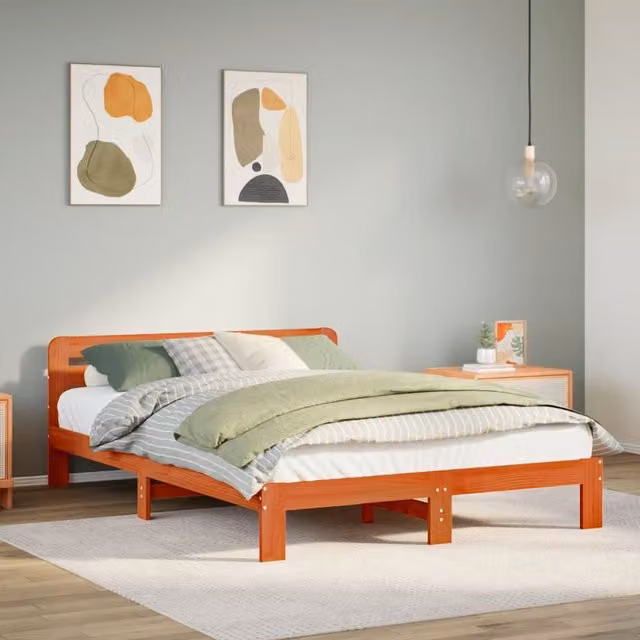 Berkfield Home Solid Wood Pine Bed Frame in Waxed Brown, W/D/H: 140 x 200 cm – 1