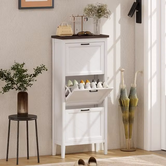 HOMCOM Modern White Shoe Cabinet with 2 Tilting Compartments and Internal Shelves