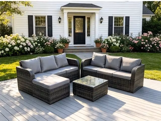 Fimous Modern Grey PE Rattan Garden Lounge Set with Metal and Glass Details