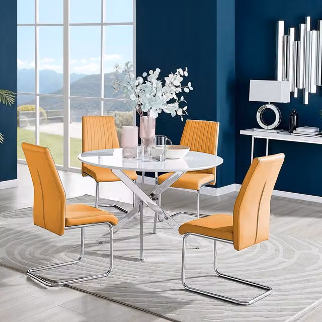 FurnitureboxUK Novara White High Gloss Round Dining Table and 4 Lorenzo Chairs in Mustard