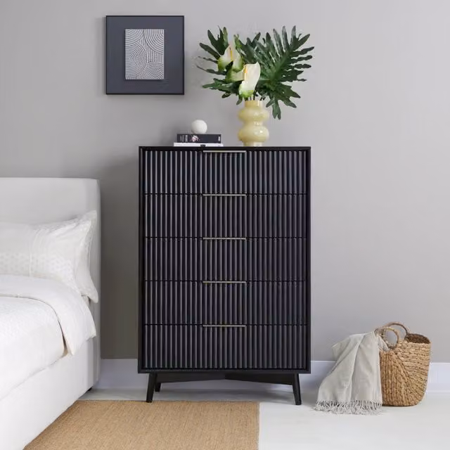 Monza Tall Chest of 5 Drawers with Fluted Detailing in Black