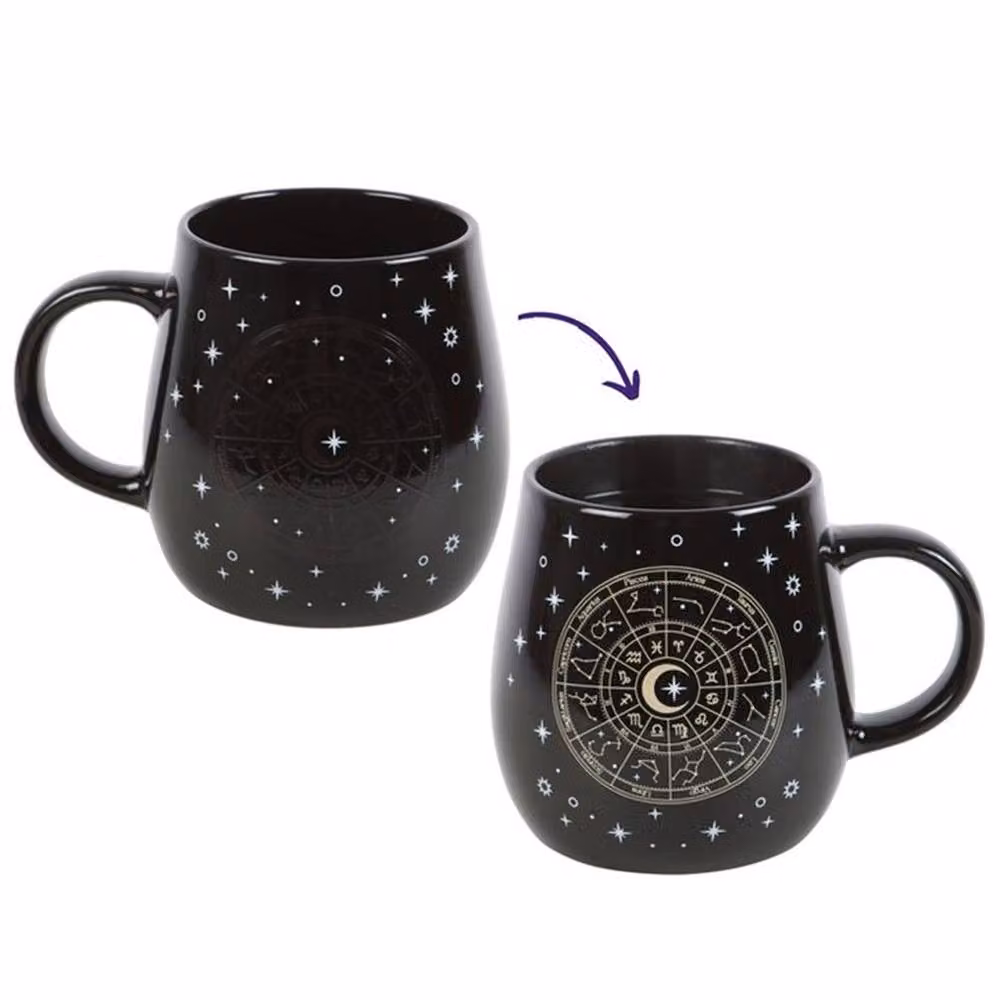 Uniqueful Astrology Wheel Heat Change Ceramic Mug in Black and Gold, 500 ml – 2
