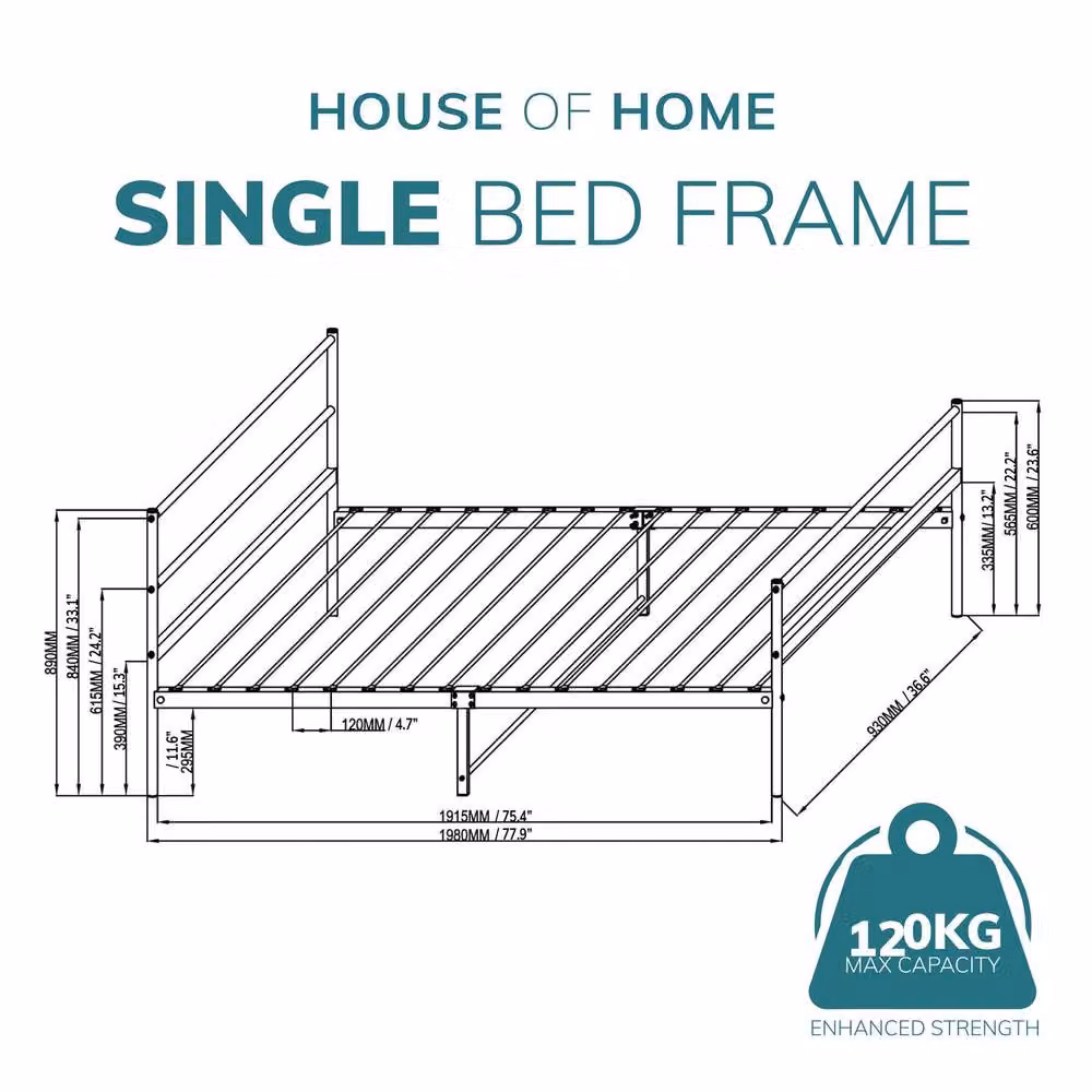 House of Home Single Metal Bed Frame in Silver, W/D/H: 90 x 190 cm – 2