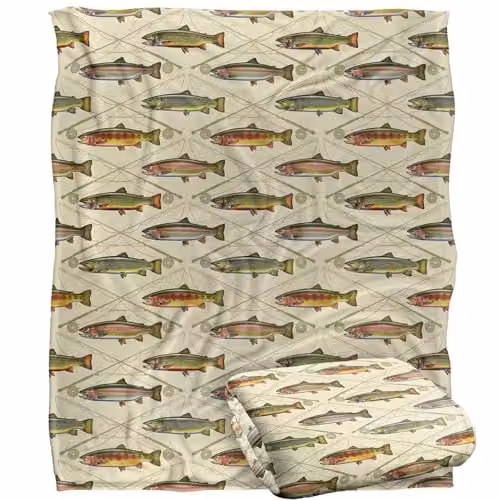 JQ Licensing Trout Crossed Fishing Rods Super Soft Fleece Throw Blanket, White, W/D/H: 152 x 127 cm