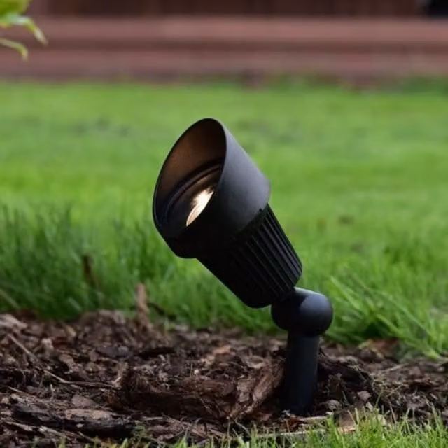 TECHMAR 12V Focus Spotlight LED Garden Floodlight in Black Aluminium with Warm White Light
