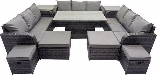 Fimous 13-Seater PE Rattan Patio Sofa Set in Dark Grey with Height-Adjustable Rising Table and Side Tables