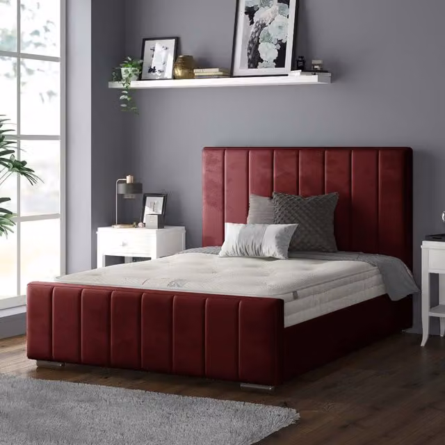 IH Design Nala Vertical Striped Plush Velvet Upholstered Bed Frame, Red, 140 x 200 cm