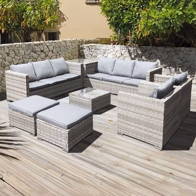 Oseasons Malta 10 Seat U-Shape Polyrattan Garden Lounge Set with Upholstered Cushions and 2 Ottomans in Dove Grey