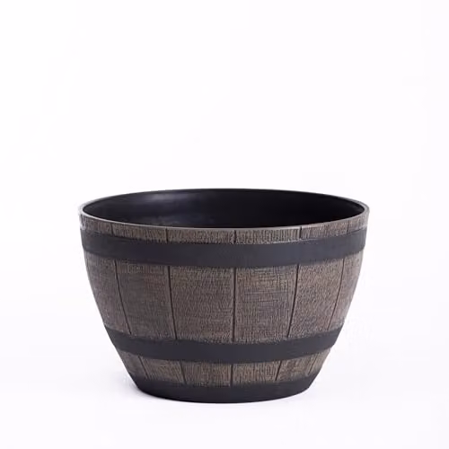 Garden Gear Brown Rustic Oak Effect Curved Wooden Barrel Planter Plastic Outdoor and Indoor Flower Pot W/D/H: 33 x 21 x 33 cm – 1