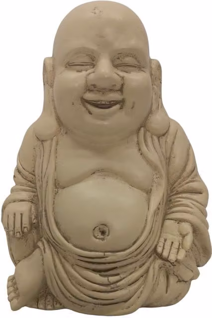 Samuel Alexander Oriental Laughing Buddha Tabletop Sculpture in Beige Stone Effect Resin
