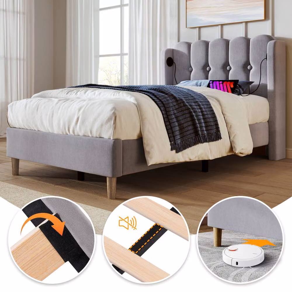 BTM Upholstered Wooden Slatted Bed Frame with USB Charging Port in Grey, W/D/H: 140 x 200 cm – 3