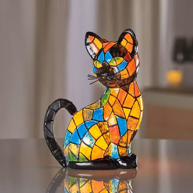 Eldo Tiffany-Style Mosaic Cat Table Lamp, Multicolour Glass and Metal, Cordless Battery-Powered Warm White LED Light
