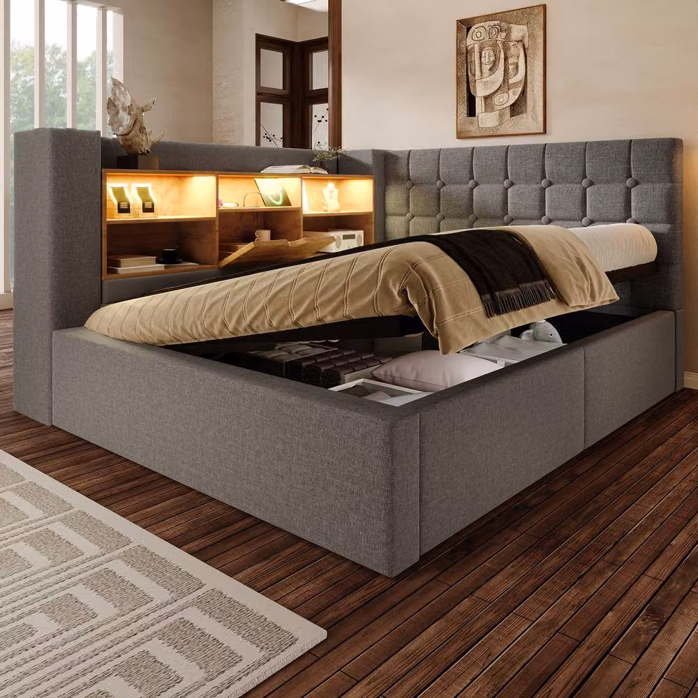 BTM Grey Upholstered Double Day Bed with USB Type C Charging Port, Under-Bed Lighting and Side Storage Compartments, W/D/H: 140 x 200 cm – 6
