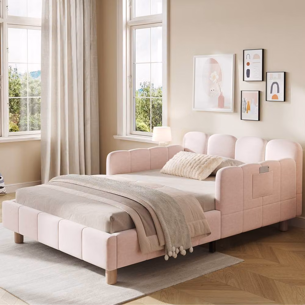 Rolipo Pink Velvet Upholstered Childrens Bed with Side Compartments W/D/H: 90 x 150 x 190 cm – 2