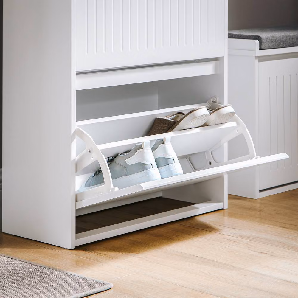 SoBuy Modern Slim White Shoe Cabinet with Drawer and Tilting Compartments – 2