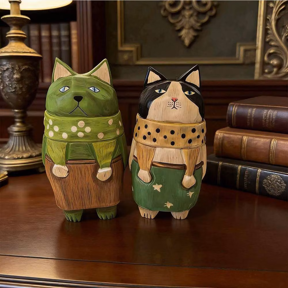 Quipulse Style 2 Hand-carved Multicolour Wooden Grumpy Cat Tabletop Ornament – 2