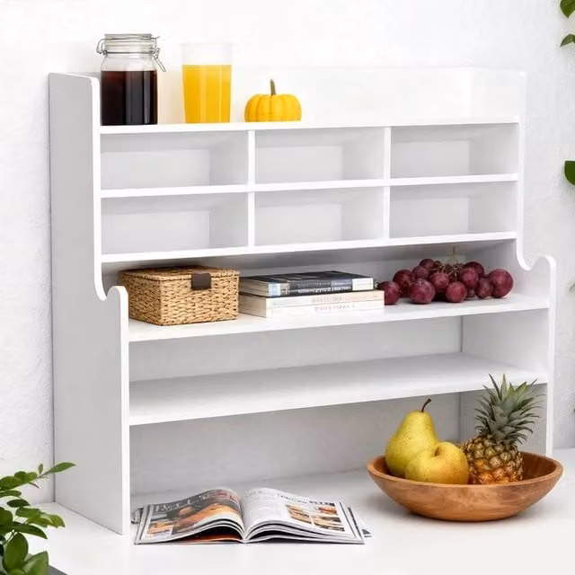 PAWNORA White Office Desk Storage Shelf Rack with Back Panel