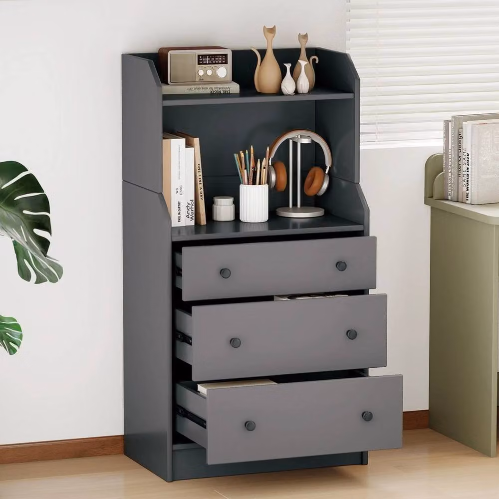 VOGREX Grey 3-Drawer Dresser Storage Organiser with Open Shelves – 3