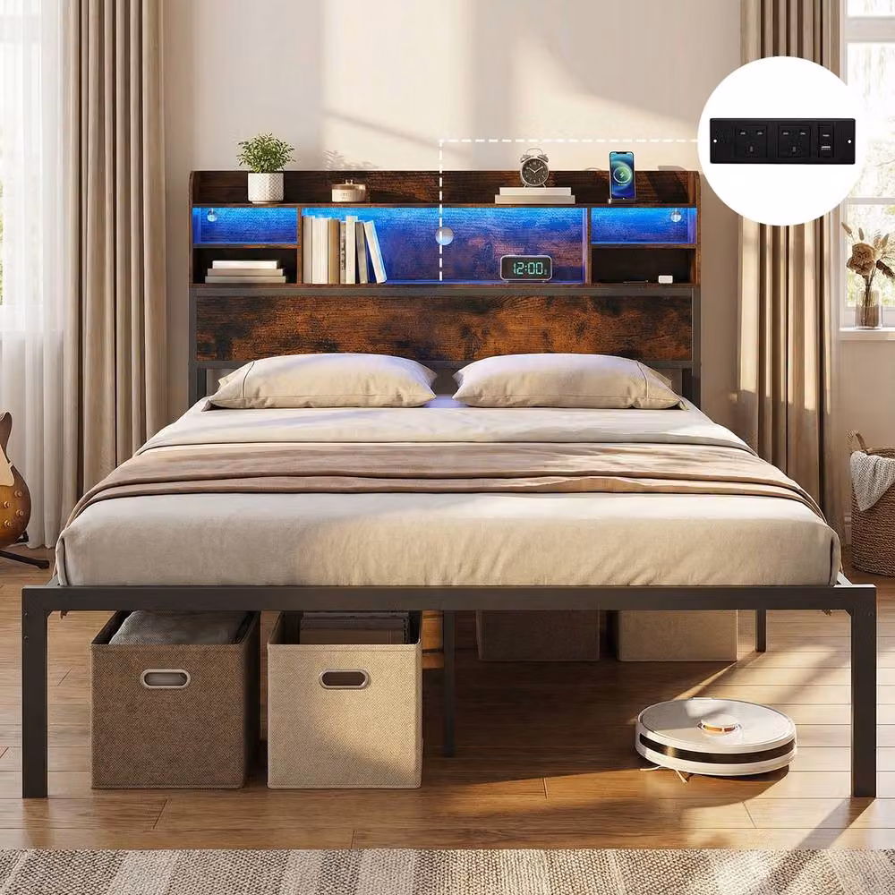 Costway King Size Metal Bed Frame in Brown with LED Lights, USB Charging Port and Side Compartments, W/D/H: 180 x 200 cm – 3