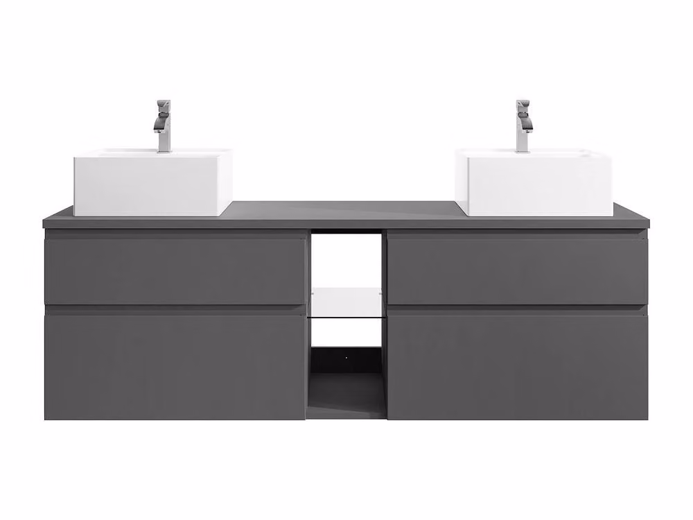 Vente-unique Modern Wall-Mounted Grey Vanity Unit with Double Washbasin, W: 150 cm, D: 50 cm, H: 46 cm – 2