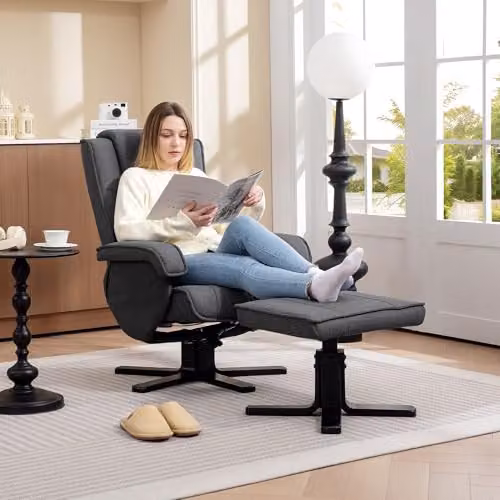 HOMCOM Swivel Recliner Chair with Ottoman, Anthracite Grey Fabric – 2
