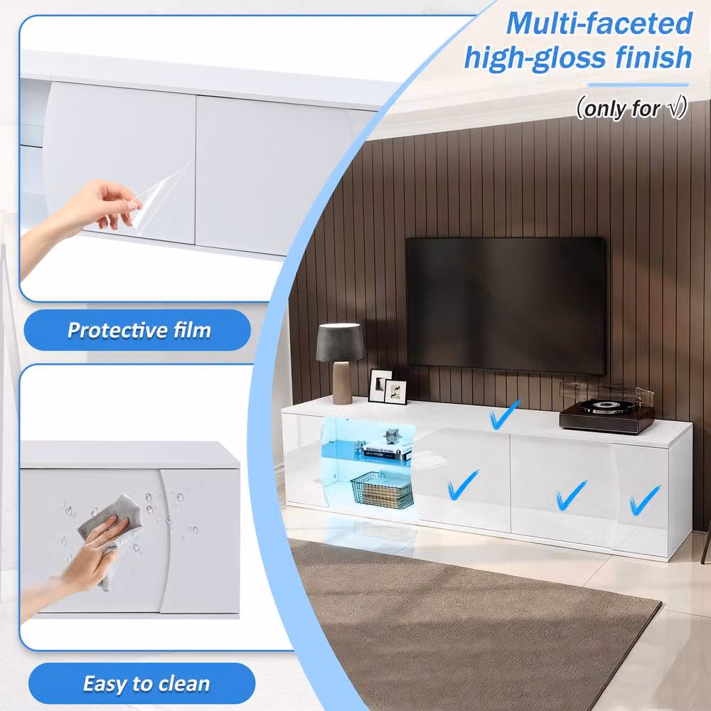 Matteo White High-Gloss LED TV Cabinet with Tempered Glass and MDF Storage, W: 180 cm, D: 40 cm, H: 45 cm – 5