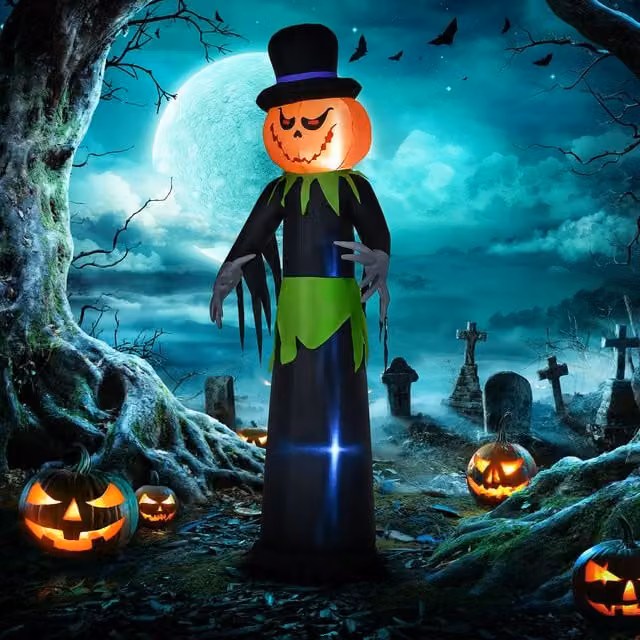 OUTSUNNY 8ft Tall Halloween Inflatable Pumpkin Ghost in a Hat Decoration, Black – 1