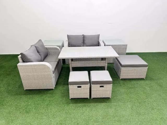 Fimous 7 Seater Rattan Garden Furniture Set with Rectangular Dining Table, 3 Footstools and 2 Side Tables in Light Grey
